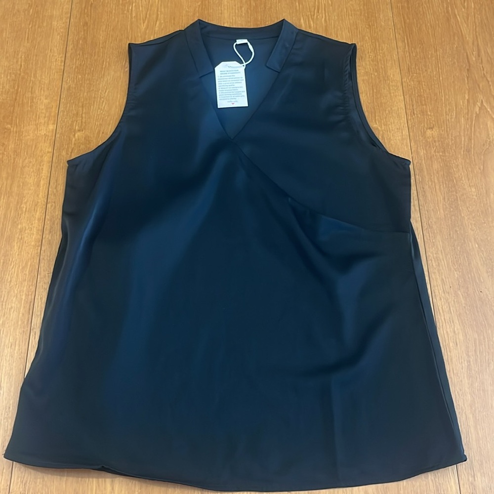 Boutique Brand Black Sleeveless Faux Wrap Blouse, V-Neck Stand Up Collar, Size L